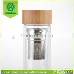 Promotion 400ml Custom Braned Double Wall Glass Drink Tea Water Bottles With Bamboo Lid thumbnail-2