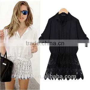 2015 Womens Tops Fashion Sexy Lace Hem Stitching Loose Bat Sleeve Chiffon Blouse Long Sleeve Casual Leisure Shirt thumbnail-1