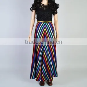Fashion Summer High Waist Rainbow Color Viscose Chevron Stripe Maxi Skirt thumbnail-2