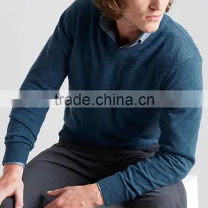High Quality Men's V-neck Cashmere Sweater Blue (BKNM14) thumbnail-1