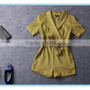Hot Sales Half Sleeves Linen Formal Tailored Romper Jumpsuit For Women thumbnail-4