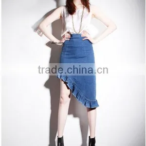 2015 New Fashion Asymmetrical Ruffled Denim Pencil Mini Short Skirt thumbnail-4