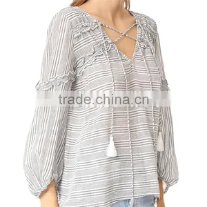 2017 OEM Femme Striped Gauze Tassel Girdle Holiday Blouses thumbnail-3
