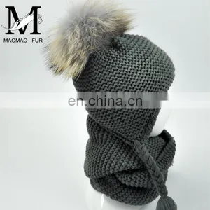 Kids Customized Design Wool Collar Raccoon Fur Pom Cashmere Knitted Hat and Scarf thumbnail-2