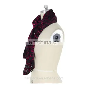 Black Burgundy Burnt Out Flower Pattern Velvet Silk Scarf For Muslin Hijab Ladies Scarves thumbnail-2