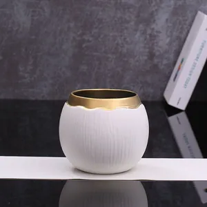 Wide Mouthed White Stripe Gild Hand Made Ceramic Vase For Hallway Decoration thumbnail-4