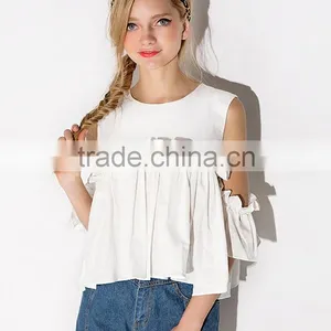 Women's Short Sleeve Solid Colour Round Neck Pleated Tops Blouse thumbnail-5