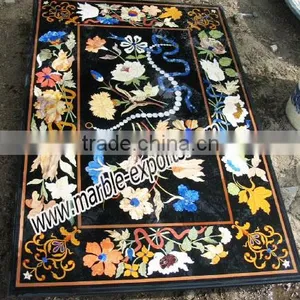 Black Italian Rectangle Inlay Marble Table Top, Marble Inlaid Table thumbnail-1