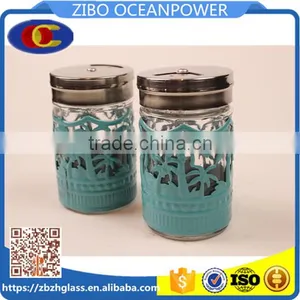 Glass Spice Jar Glass Condiment Bottle With Metal Lid Blue Metal Cover thumbnail-1