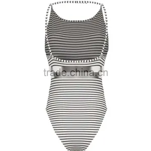 2016 New Fashion Lace Up Front Sleeveless Bodysuits Young Girl Black White Stripe Women Tops thumbnail-5