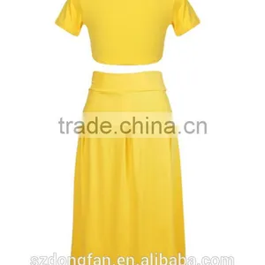 Wholesale 2016 New Fashion Ladies Women Dress Elegant Two Pieces Female Dress Summer Women Crop Tops Blouse Pleated Yellow Long thumbnail-3