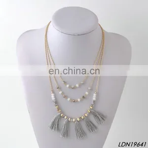Layered Gray Tassel Pendant Gold Necklaces Quartz Beaded Necklace Jewelry thumbnail-1