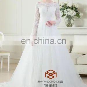 OEM Supply Muslim Long Sleeve Real Pictures Wedding Gown HMY-RP001 New Arrivals White Lace Appliques A Line 2015 Wedding Dress thumbnail-1
