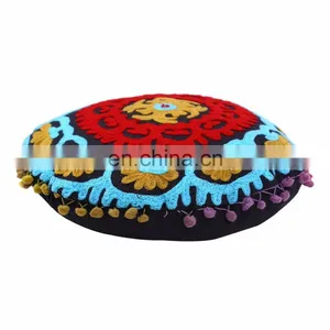 Embroidered Suzani Round Pillows Indian Floor Pom Pom Lace Cushion Cover Throw thumbnail-1