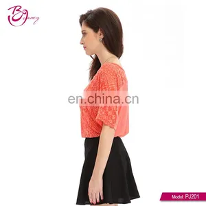 New Fashion Short Sleeve Simple Red Sexy Lace Blouse Designs thumbnail-2