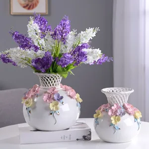 Hand Knit Artificial Flower White Round European Style Creative Ceramic Vase For Dining Table thumbnail-3