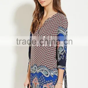 2016 V Neck Rayon Printed Loose Blouse Dress For Contemporary Women thumbnail-3