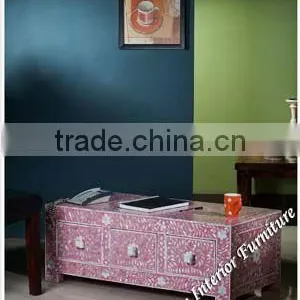 Coffee Table-Pink Mother of Pearl Inlay Three Drawer thumbnail-1