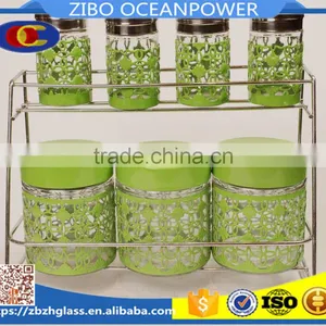 Double-deck Embossing Metal Cover Glass Canister & Spice Jars Set thumbnail-1