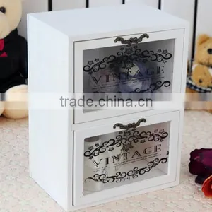 2016 Mediterranean Style White Printing Flowers Glass Wooden Container Wood Storage Box Jewelry Cabinet thumbnail-1