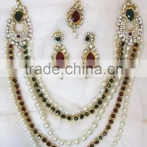 Maroon Green RANI HAAR Stone Gold Plated BRIDAL Necklace EARRING Set thumbnail-1