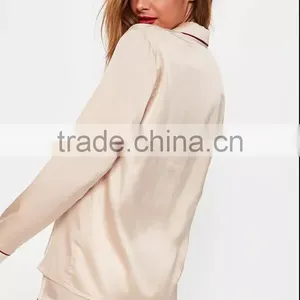 Custom Design Plain Nude Satin Pyjama Set With Contrast Burgundy Piping Button Top With Shorts thumbnail-3