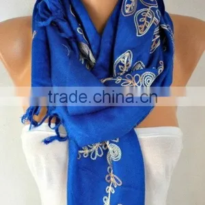 Royal Blue Embroidered Scarf Shawl Cowl Women Fashion Accessories Gift Ideas For Her Women Scarves Best Selling Item Scarf thumbnail-1