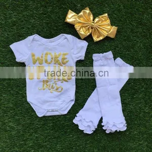 Baby Girls Boutique Clothing Infant Girl Kids Clothes White Gold Bus Romper With Matching Headband and Legwarmer Set thumbnail-1