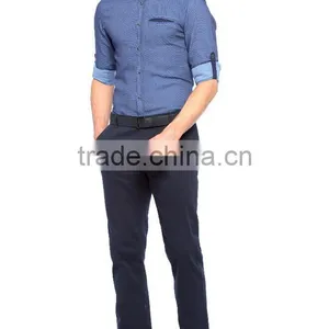 Blue Solid Super Skinny Long Sleeve Buttonless Men Shirt thumbnail-3