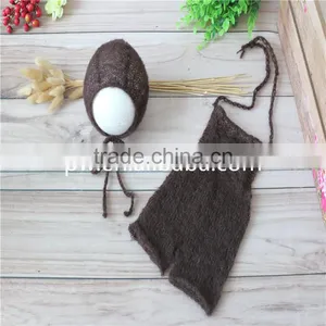 Newborn Mohair Romper Baby Boy Girl Hat and Pant Crochet Bonnet Hooded Romper Photography Props Knitted Overall Outfit Onesie thumbnail-4