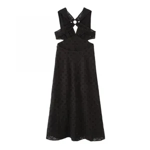 European and American Style Summer New Hollow Embroidery Hanging Neck Backless Dress thumbnail-1