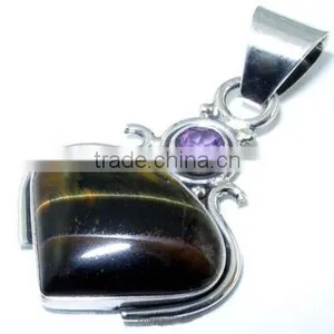 Sterling Silver Tiger Eye EYE & AMETHYST Pendant, Semiprecious Pendant, Eternity Ring thumbnail-1