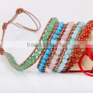 the Sea Blue Pink Crystal Bracelet Fashion Agate Beads Charm Bracelet Women Jewelry 5 Coil Winding Leather Bracelet Bangles thumbnail-3