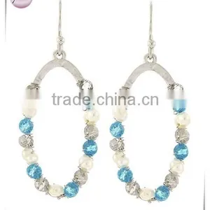 Rhodiumized Blue Glass Crystal & Cream Synthetic Pearl Fish Hook Oval Dangle Earring Set thumbnail-1