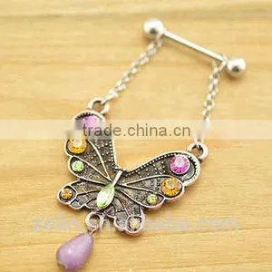 Body Piercing Jewelry Butterfly Shape Crystal Dangle Nipple Ring thumbnail-1