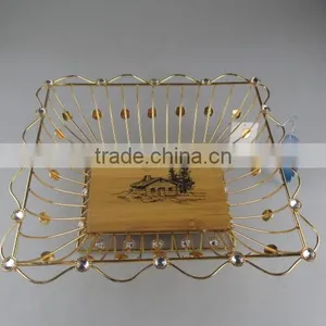 Square Golden Iron Fruit Basket With Wooden Board thumbnail-1