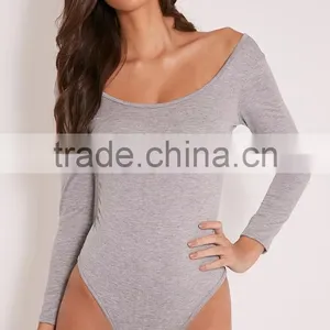 Custom Size One Piece Plain Jumpsuit Long Sleeve Basic Grey Scoop Neck Thong Bodysuit thumbnail-5