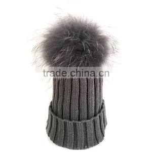 Myfur Matched Color Real Raccoon Fur Bobble Attached Wool Beanie Hat thumbnail-1