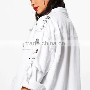 Lace up Eyelet White Denim Jacket New Fashion Wholesale Women Street Wear thumbnail-5