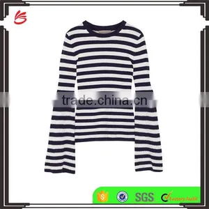 Among Best Selling Bell Sleeved Navy Blue and White Striped Women Spring Sweater thumbnail-1