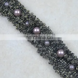Fashion Black Embroidery Lurex Beaded Pearl Lace Trim Designs thumbnail-4
