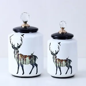 European Simple Style New Cylinder Deer Painting Ceramic Flower Vases Tableware Decoration With Crystal Lid For Home thumbnail-3
