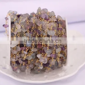Natural Fluorite Nugget Quartz Chip Bead Rosary Chain, Gold Plated Wire Wrapped Chain thumbnail-5