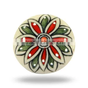 Ceramic Round Red Green And White Flower Knob thumbnail-1