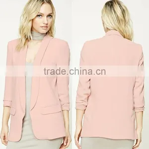 Women Formal Blazer Modern Fashion Textured Knit Open Front Long Ruched Sleeves LONGLINE Latest Blazer Design For Mature Ladies thumbnail-1