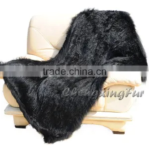 CX-D-72B Solid Thick Fluffy Raccoon Fur Trim Knitted Rabbit Fur Throw Blanket thumbnail-4