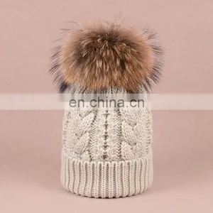 Jumbo Genuine Raccoon Fur Pom Balls Hats Knitted Twist Pattern Hats thumbnail-6