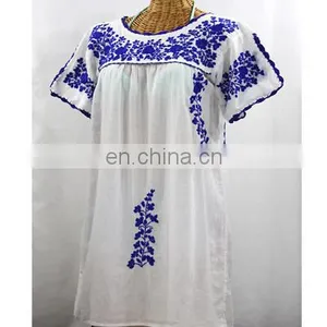 NEW FASHION EMBROIDERY WHITE AND BLUE MOROCCAN TUNIC TOPS SUMMER COLLECTION PRINTED INDIAN TUNIC thumbnail-1
