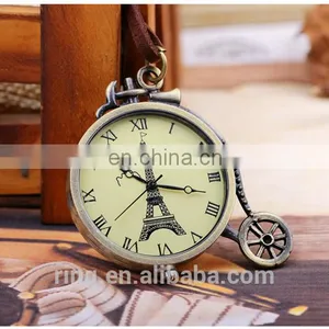 Vintage Eiffel Tower Logo Bronze Pocket Watch With Leather Chain thumbnail-4