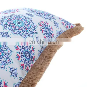 Factory Supply Waterproof Durable Blue Comfort Classics Flower Screen Printing Outdoor Pillows With Jute Fringes thumbnail-5